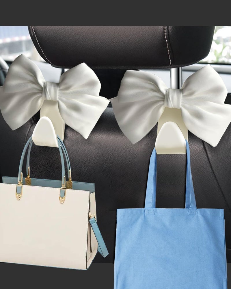 BVGACI 2 Pack Car Purse Hooks, Cute Bow Car Seat Headrest Hook Hanger for Purses and Bags (White silk) - Image 2